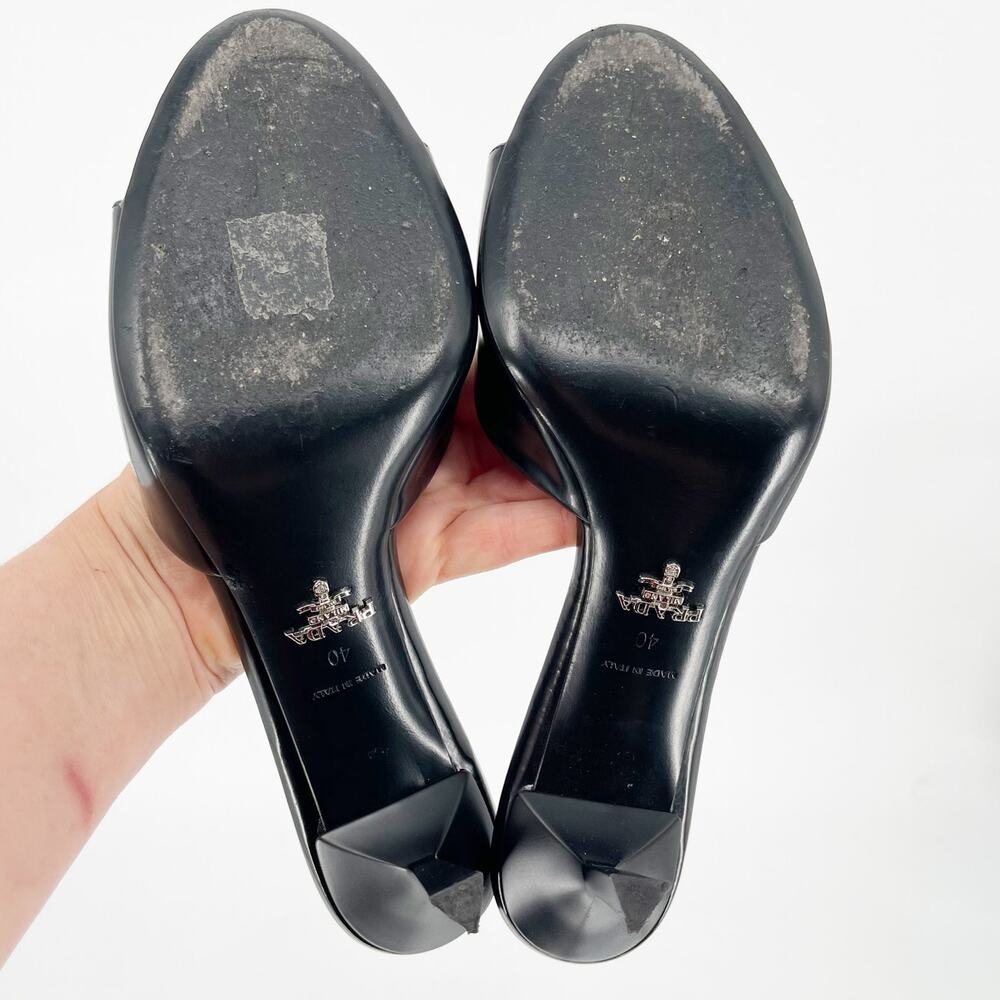 Prada Black Leather Padded Logo 75mm Open Toe Slide Sandal Mule Heels IT 40 - Picture 11 of 12